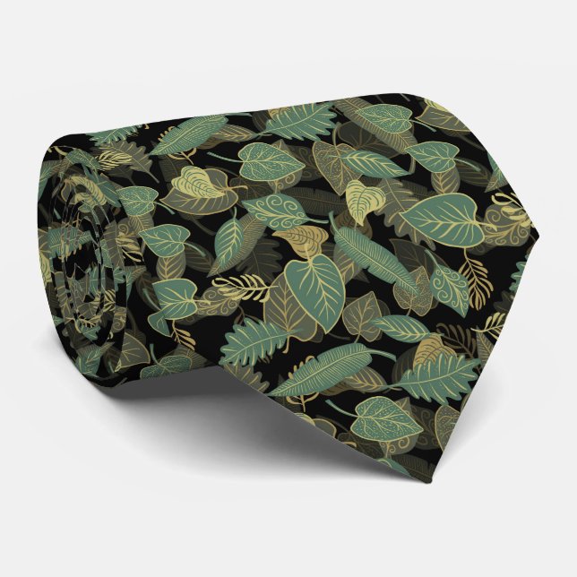 Cravate Jaune et vert sarcelle Motif de feuilles d'automne (Roulé)