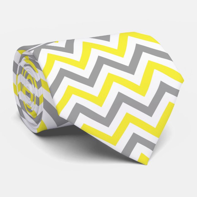 Cravate Jaune Gris Foncé Blanc Grand Chevron Gris Monogram (Roulé)