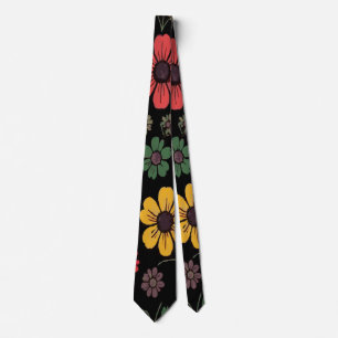 Cravate Jaune, Rouge et Vert Floral Gras sur Fond Noir