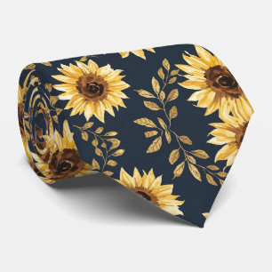 Cravate Jaune Soleil Or Navy Tournesols Motif Feuilles