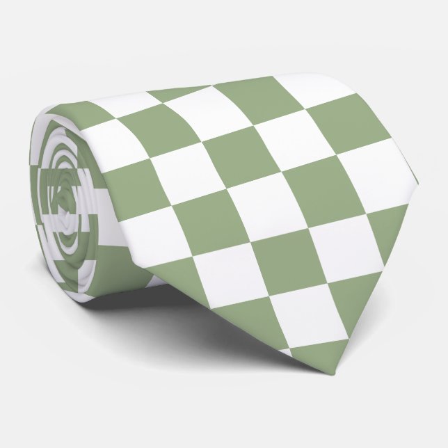 Cravate Jockey soies Checkerboard Sage Green White Derby (Roulé)