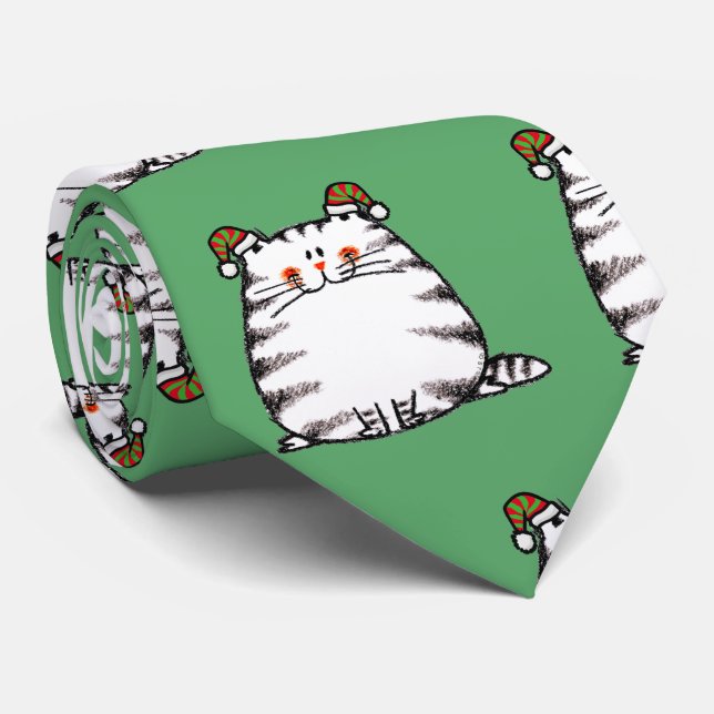 Cravate Joli Chat Grassouillet Deux Chapeaux de Noël (Roulé)