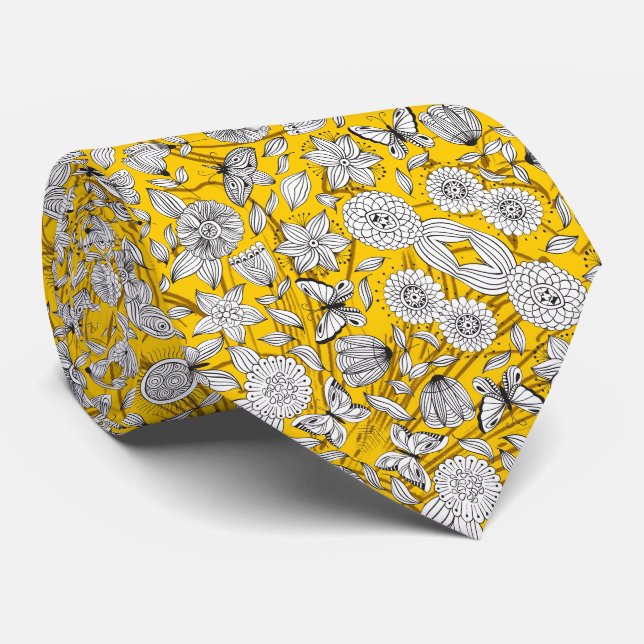 Cravate Joli design abstrait floral blanc jaune (Roulé)