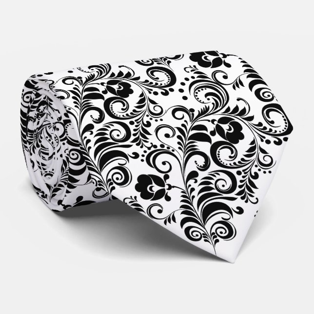 Cravate Joli design de fond floral noir et blanc (Roulé)