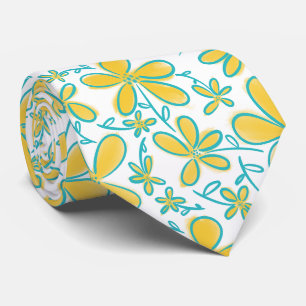 Cravate Joli été motif de fleurs jaune et turquoise