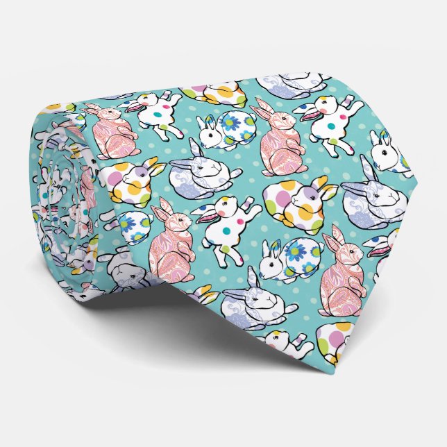 Cravate Joli lapin Pâques Rose blanc sur Motif Turquoise (Roulé)