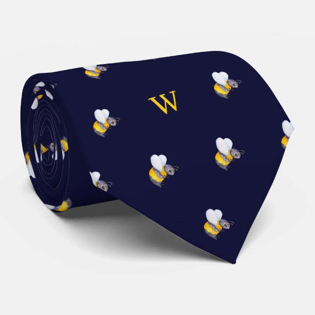 Cravate Joli Monogramme d'Abeille à Miel Aquarelle Bleu (Roulé)