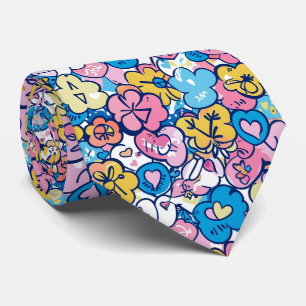 Cravate Joli motif rétro de cœurs et de fleurs en bleu et