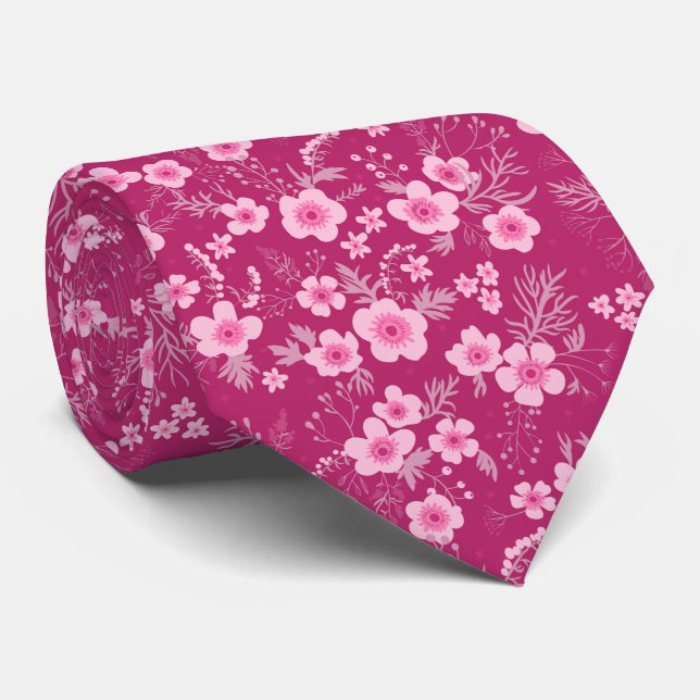 Cravate Joli petit floral rose avec fond magenta (Roulé)