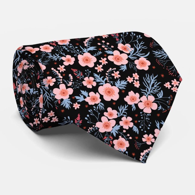 Cravate Joli petit floral rose avec fond noir (Roulé)