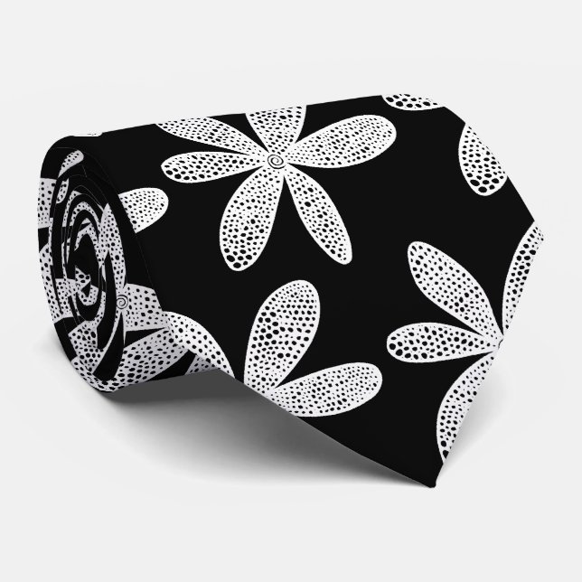 Cravate Jolie fleur - Blanc sur Noir (Roulé)