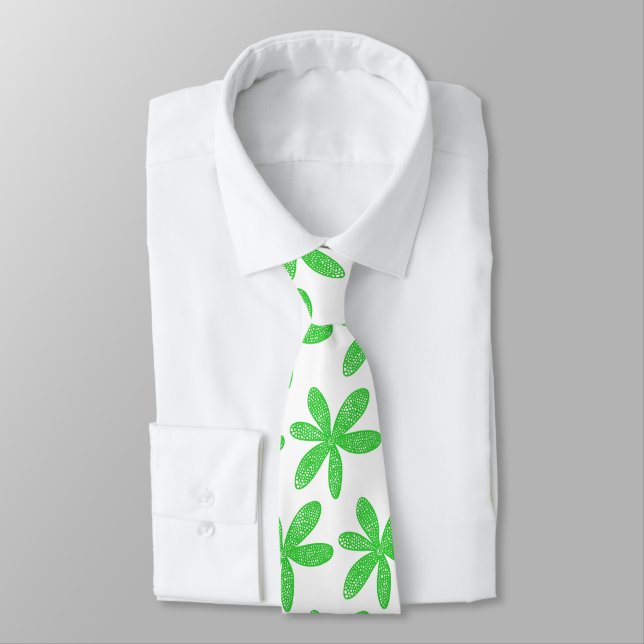 Cravate Jolie fleur - Vert printemps sur blanc (Attaché)