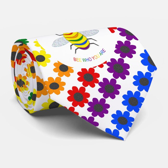 Cravate Jolie LGBT Fière Abeille arc-en-ciel et fleurs (Roulé)
