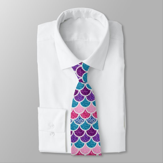 Cravate jolies écailles de sirène aqua turquoise rose viol (Attaché)