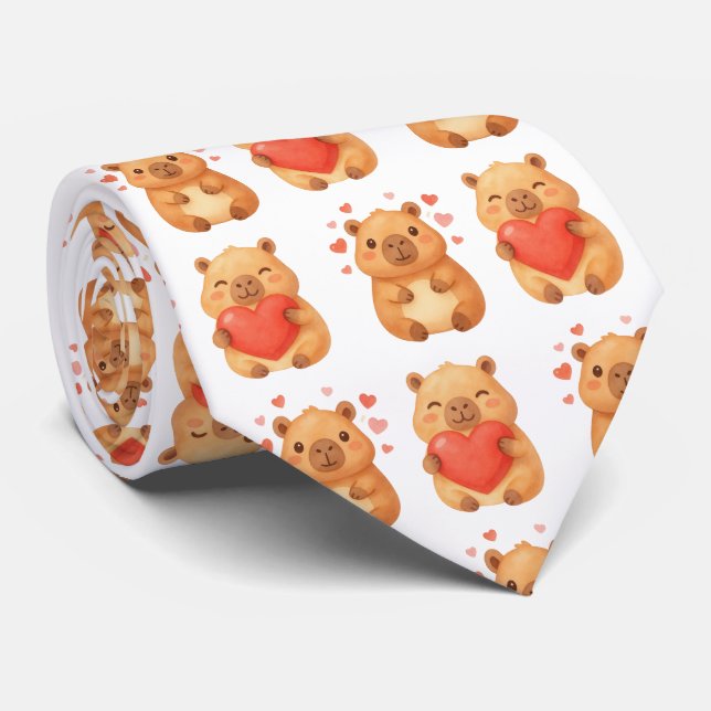 Cravate Jolis cœurs aquarelle personnalisés Capybara (Roulé)