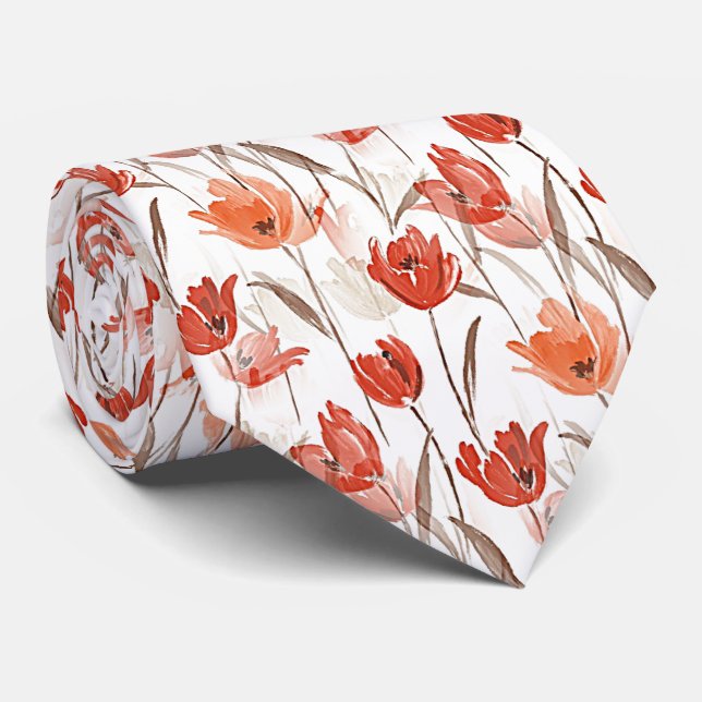 Cravate Jolis Fleurs Rouge Orange Chic Aquarelle Coquelico (Roulé)