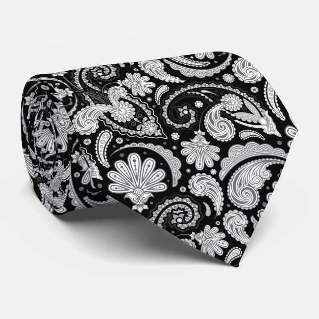 Cravate Jolis motifs cachemire noir blanc vintage (Roulé)