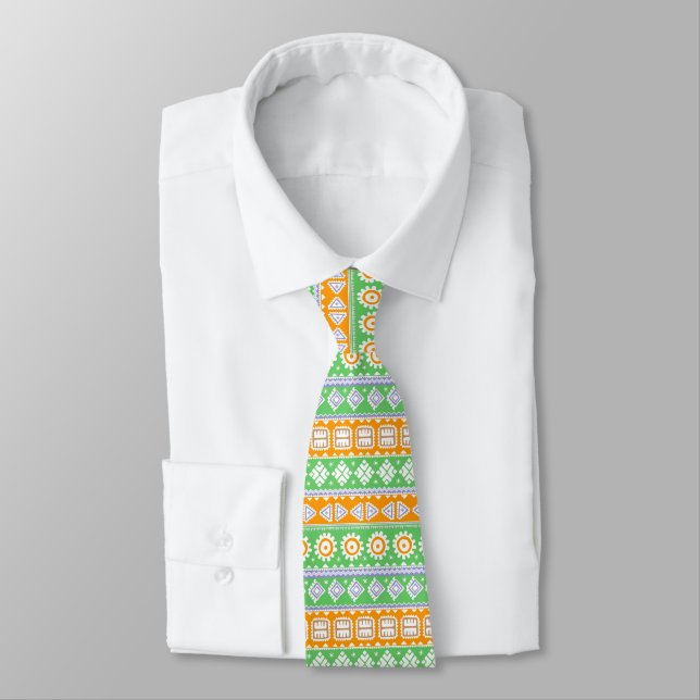 Cravate Jolis motifs ethniques orange et vert (Attaché)