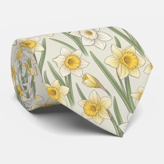 Cravate Jonquille Floral de Printemps en Jaune et Vert Cla (Roulé)