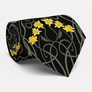 Cravate Jonquilles jaunes Art nouveau et tiges Noir