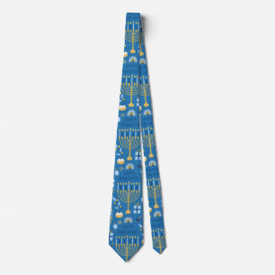 Cravate Joyeux Hanoukka Etoile Juive Menorah Bleu
