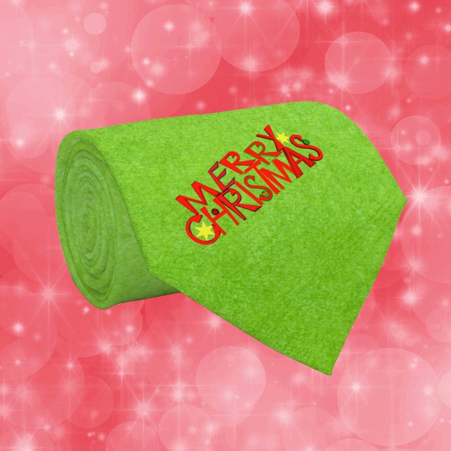 Cravate Joyeux Noël Lettres Rouge Clair étoiles Vert (Green mens necktie with festive Merry Christmas tex in bold red letters gold stars.)