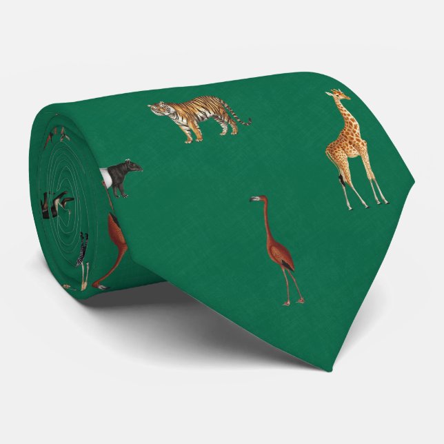 Cravate Jungle Safari Animals Pattern Kelly Green Neck Tie (Roulé)