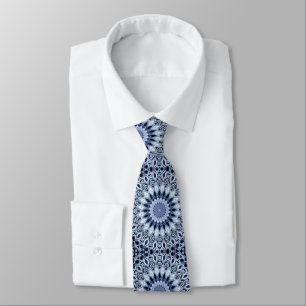 Cravate Kaleidoscope Mandala Motif Bleu et Blanc