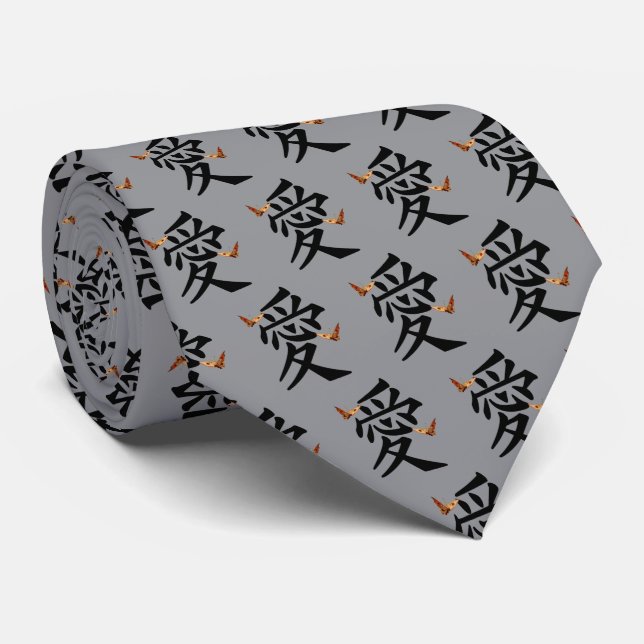 Cravate Kanji pour l'amour avec deux papillons (Roulé)