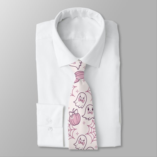 Cravate Kawaii Halloween rose Fantômes et Citrouille (Attaché)