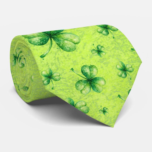 Cravate La Saint-Patrick Trèfle aquarelle sur fond vert (Roulé)