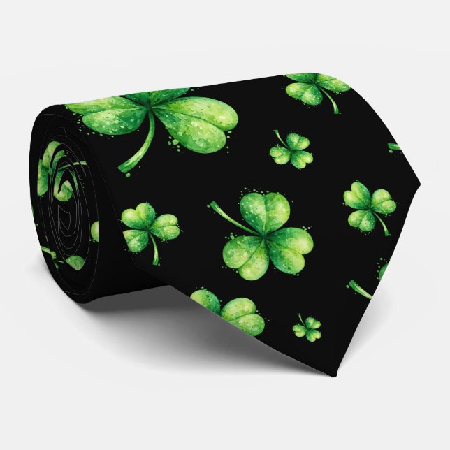 Cravate La Saint-Patrick Watercolor Shamrock sur fond noir (Roulé)