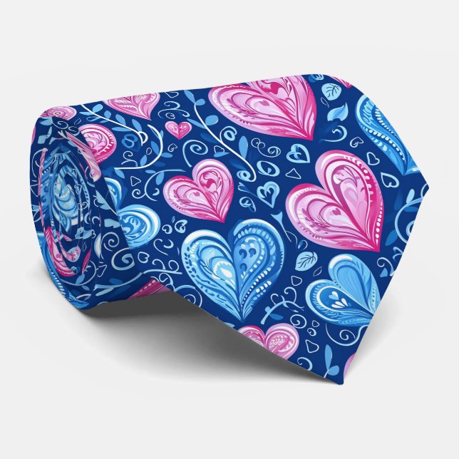 Cravate La Saint-Valentin jolis cœurs bleus et roses (Roulé)