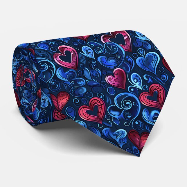 Cravate La Saint-Valentin jolis cœurs bleus et rouges (Roulé)