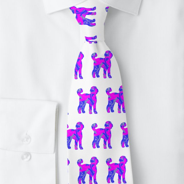 Cravate Labradoodé Chien Silhouette rose bleu blanc (Labradoodle pink and blue dog silhouette pattern tie for dog dads.)