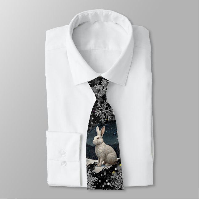 Cravate Lapin blanc de Noël élégant aux flocons d'argent (Attaché)