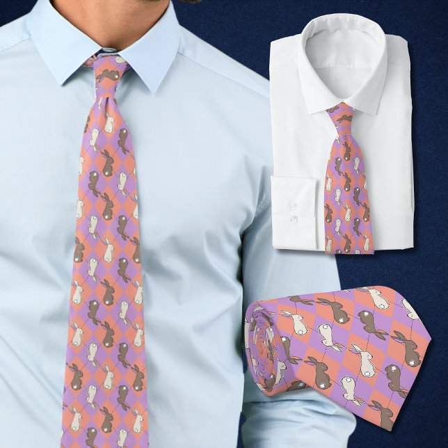 Cravate Lapin de printemps rose et pastel argyle violet  (Easter tie with rabbits is perfect for spring in pastel argyle of pink and purple. )