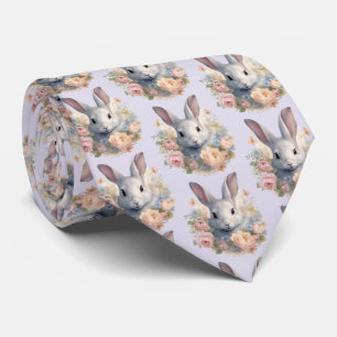 Cravate Lapin entouré de fleurs pastel - Motif mignon