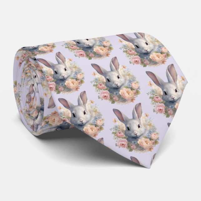 Cravate Lapin entouré de fleurs pastel - Motif mignon (Roulé)