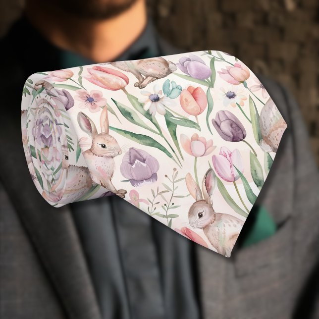 Cravate Lapin Gris Mignon avec Tulipes Colorées (Créateur téléchargé)