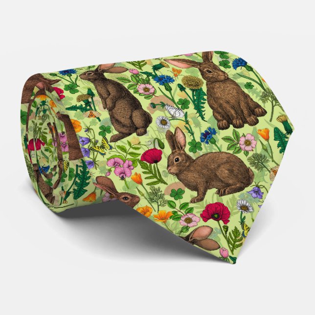Cravate Lapins et fleurs sauvages sur le vert miel (Roulé)