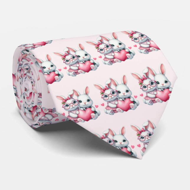 Cravate Lapins mignons partageant un motif de cœur (Roulé)