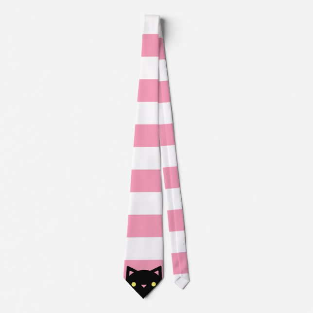 Cravate Le chat noir curieux | barre | rose et blanc (Devant)