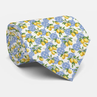 Cravate Lemons Blue White Tile Mediterranean Wedding Groom