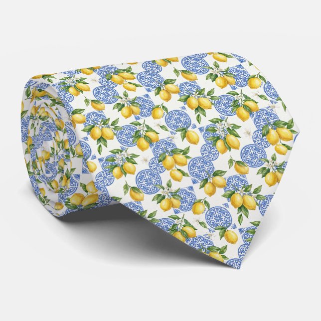 Cravate Lemons Blue White Tile Mediterranean Wedding Groom (Roulé)