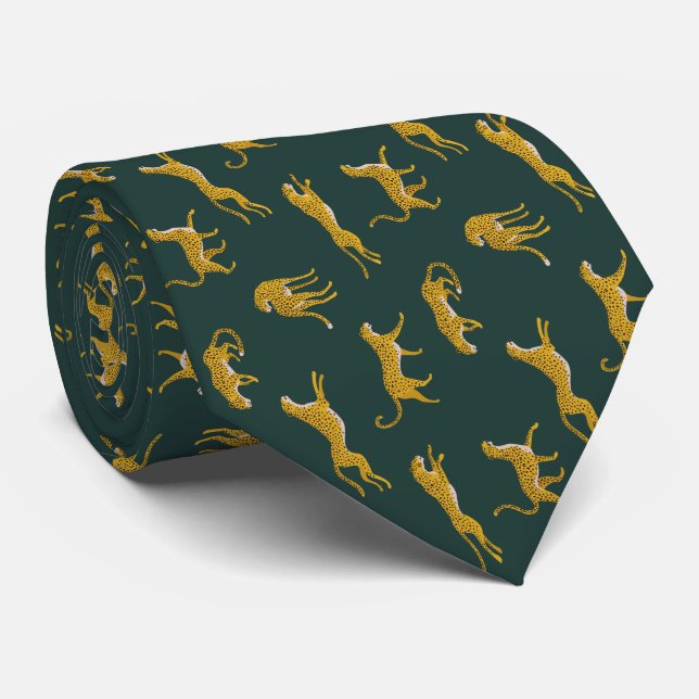 Cravate Léopard Jaune Sur Un Animal Sauvage Motif Vert Fon (Roulé)