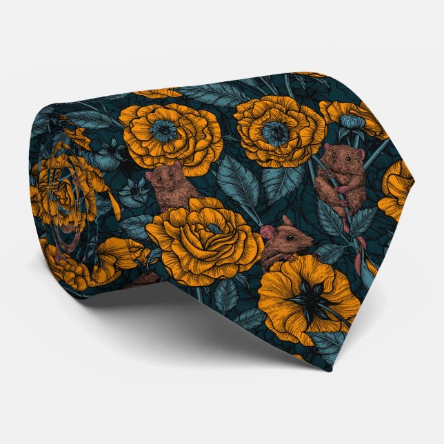 Cravate Les souris font la fête en orange et bleu (Roulé)