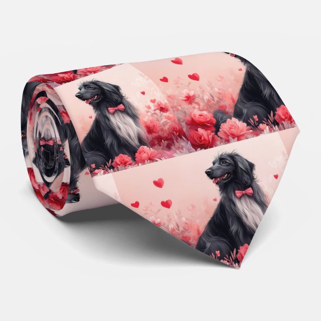 Cravate Lévrier Afghan avec des Roses - Saint-Valentin  (Roulé)