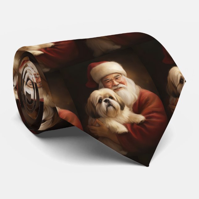 Cravate Lhasa Apso avec le Père Noël Festif de Noël  (Roulé)