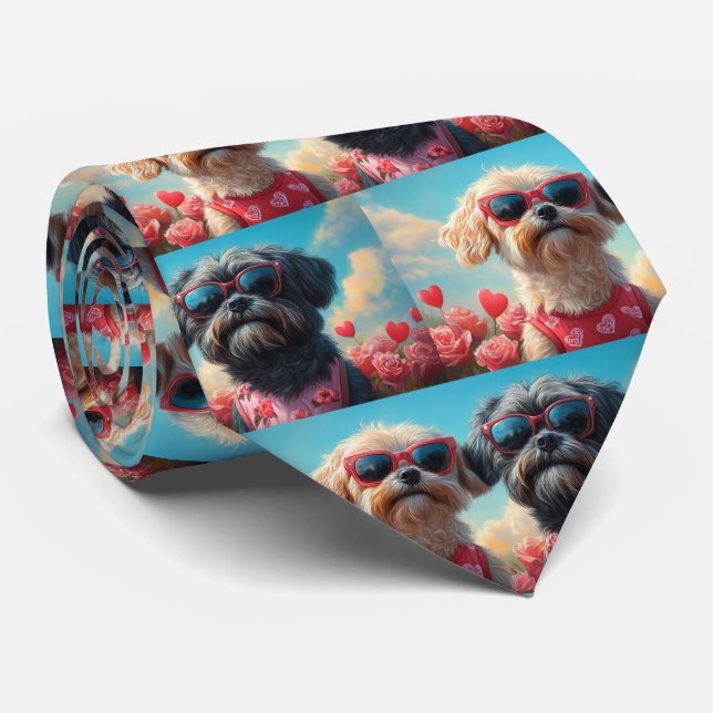 Cravate Lhasa Apso avec Roses de coeur Saint Valentin (Roulé)
